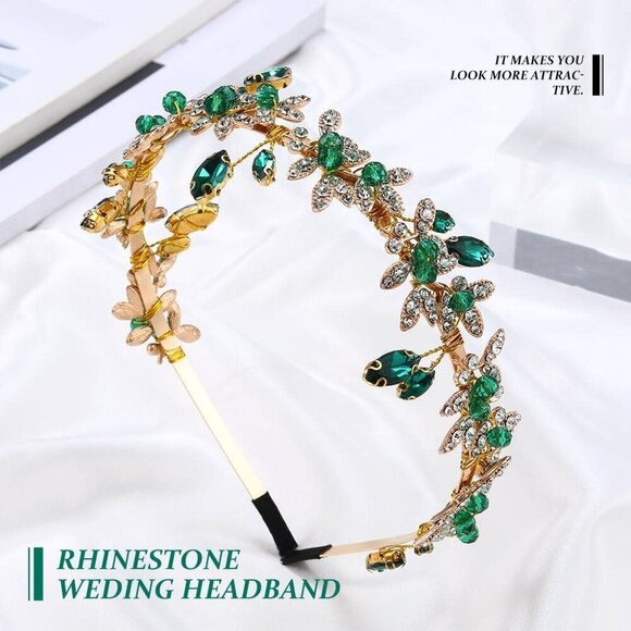 Green Rhinestone Headband Gold Wedding Hair Accessory for Women main image 4